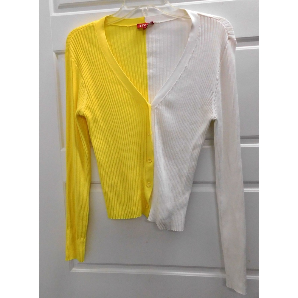 Staud Shoko Signature Ribbed Cardigan Sweater Colorblock Yellow White sz‎ S